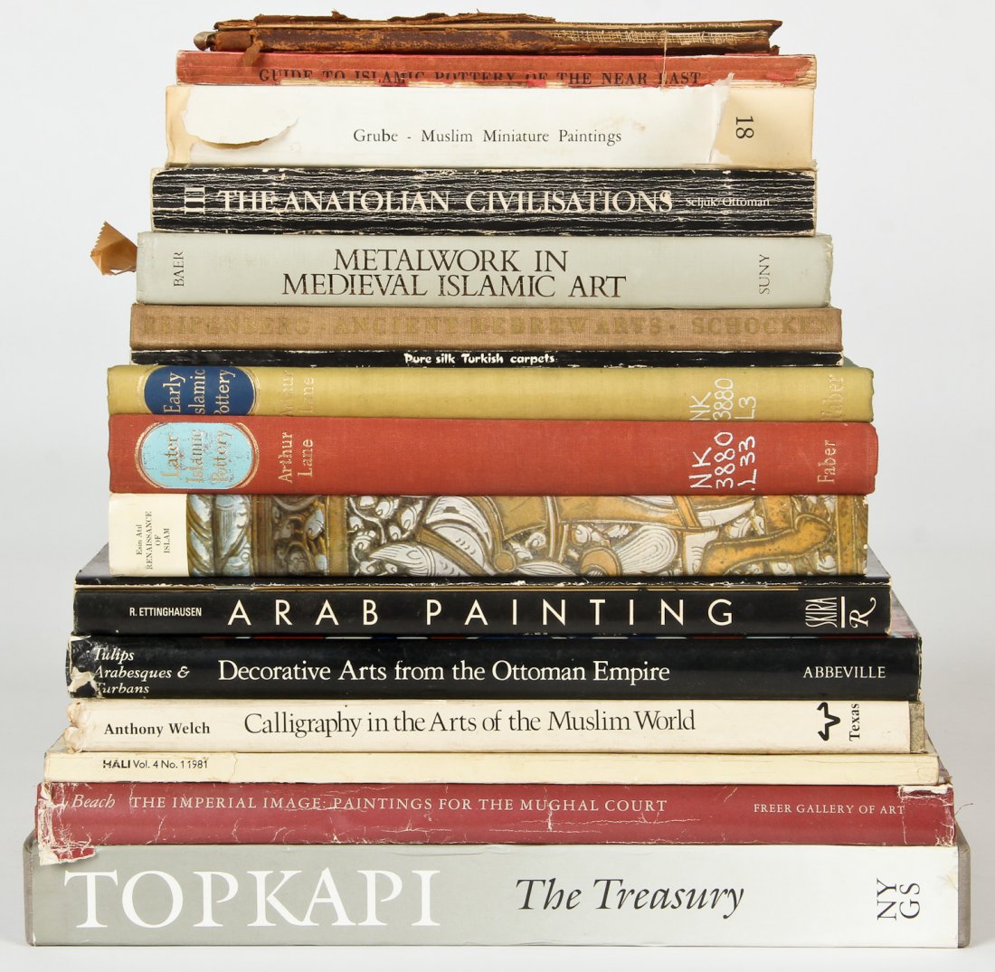 Lot of 15+ Islamic Art Reference Books: Lot of 15+ Islamic Art Reference Books on Medieval paintings and decorative arts in the Muslim society including a glimpse at the Mughal empire. Provenance: Estate of Robert Swan Lindsley and Eric Hoa