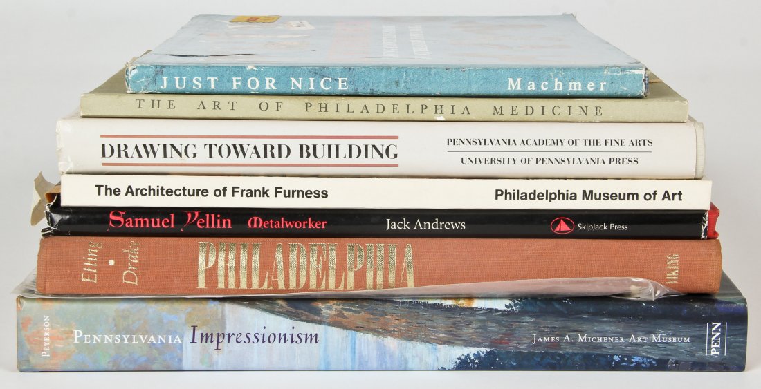 7 Philadelphia Arts Books: 7 Philadelphia Arts Books showcasing various style of Pennsylvania artistry with a focus on Impressionist art, Pennsylvania architecture, and art in Medicine. Provenance: Estate of Robert Swan Lindsle