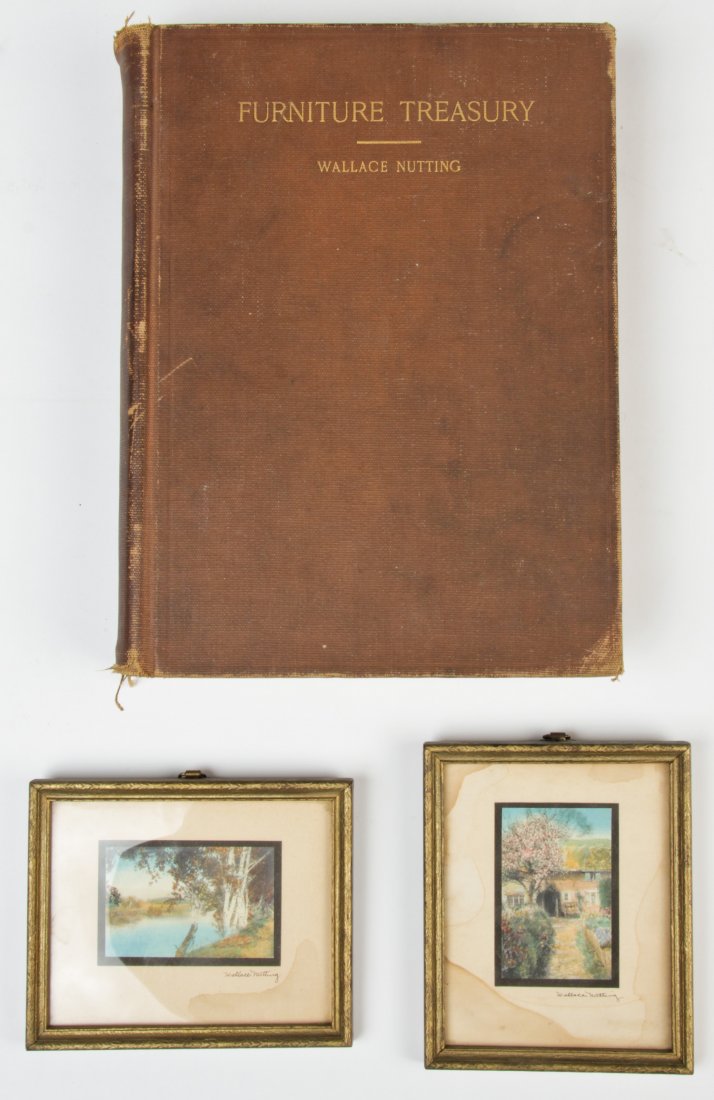3 pc Wallace Nutting Lot: 3 pc Wallace Nutting Lot: Wallace Nutting's Furniture Treasury and 2 hand painted miniature photographs. Provenance: Estate of Robert Swan Lindsley and Eric Hoage, Philadelphia.
