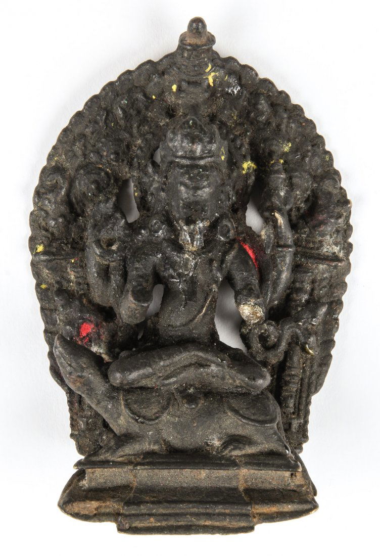 Bronze Statue of Ganesh, Nepal, Ca. 1700-1750: Bronze Statue of Ganesh, Nepal, Ca. 1700-1750. Black; with large rat; piece of bhatti; 4 arms; awning; arm broken. Height: 4", 10 cm. Weight: 165 grams. Provenance: Matthew Friedman Collection. Matthe