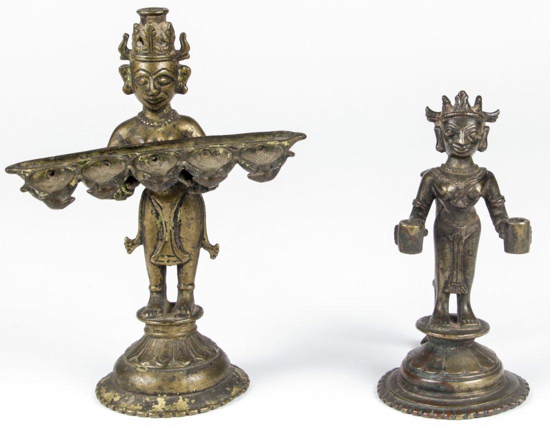 2 Bronze Laxmi Statue Lamps, Ca. 1800 (1 of 4)
