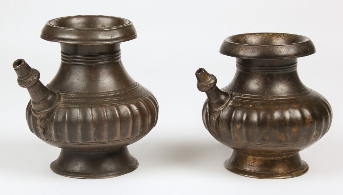 2 Antique Black Bronze Ewers (Koruwa), Nepal 19th c.: 2 Antique Black Bronze Ewers (Koruwa), Nepal 19th c., heavy with pinched design. Largest Size: 5.5" x 5" x 6" (14 x 13 x 15 cm). Total weight: 1525 grams. Provenance: Matthew Friedman Collection. Matt