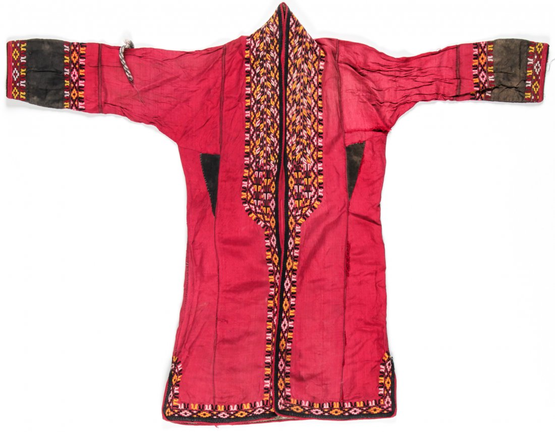 Turkmen Red Silk Embroidered Khalat: Turkmen Red Silk Embroidered Khalat, early 20th c. Size: 38" x 51" (97 x 130 cm).