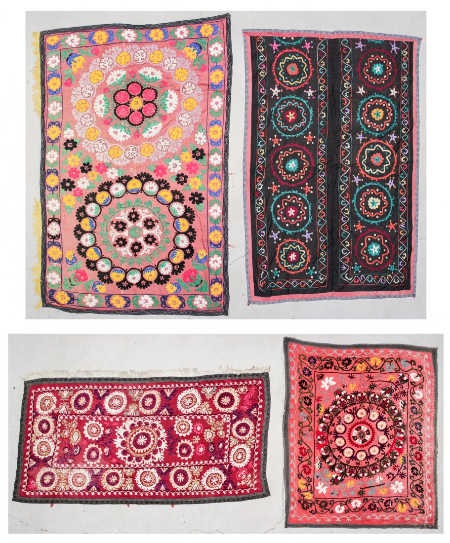 4 Vintage Central Asian Suzanis: 4 Vintage Central Asian Suzanis. Largest Size: 98" x 41" (249 x 104 cm). Proceeds to benefit Moore College of Art & Design,Philadelphia, Pennsylvania.