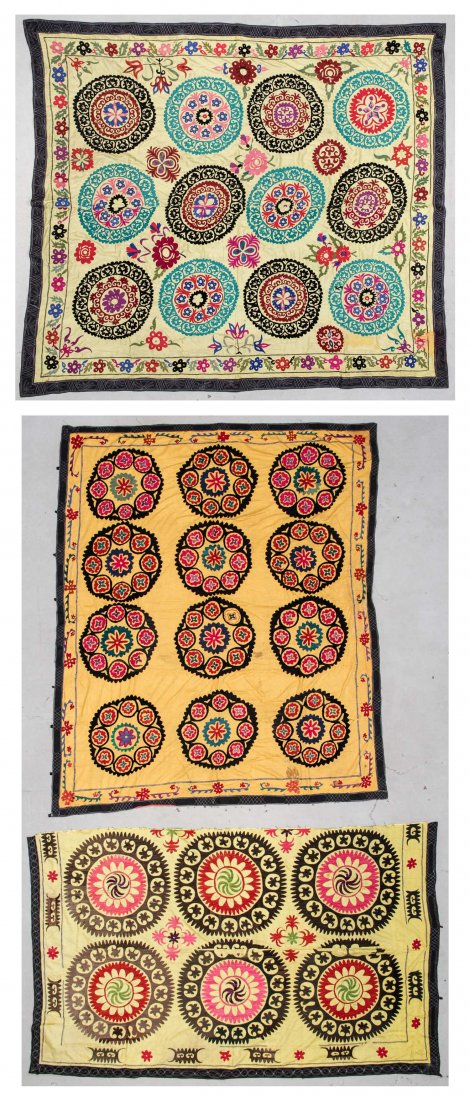 3 Vintage Central Asian Suzanis: 3 Vintage Central Asian Suzanis. Largest Size: 96" x 85" (244 x 216 cm). Proceeds to benefit Moore College of Art & Design, Philadelphia, Pennsylvania.