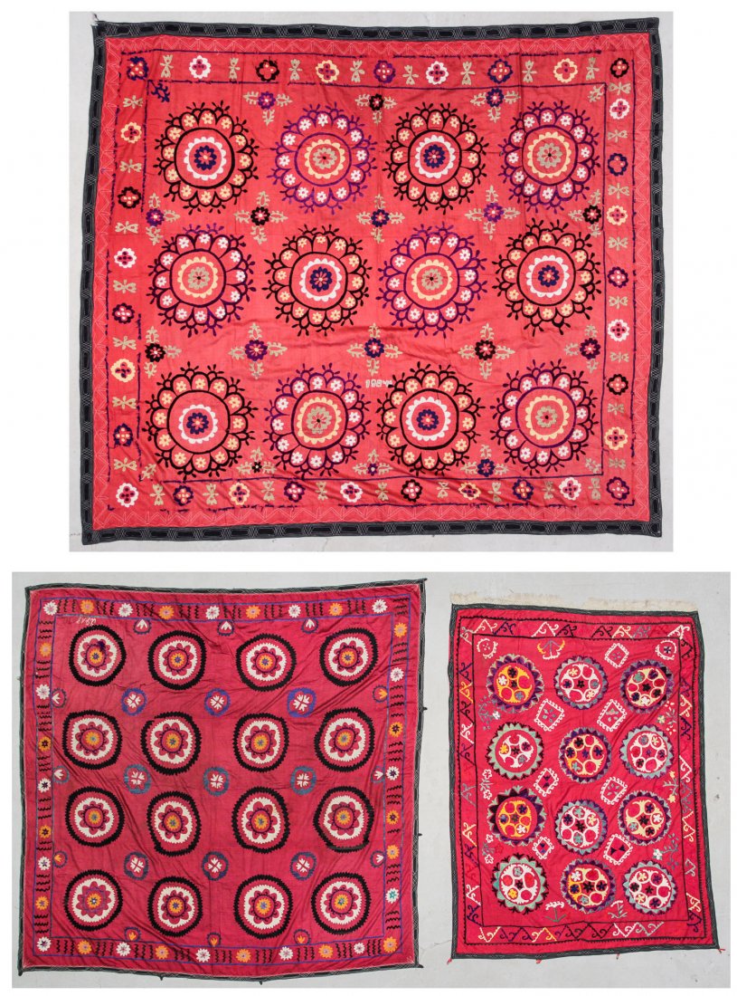 3 Vintage Central Asian Suzanis: 3 Vintage Central Asian Suzanis. Largest Size: 88" x 84" (224 x 213 cm). Proceeds to benefit Moore College of Art & Design, Philadelphia, Pennsylvania.