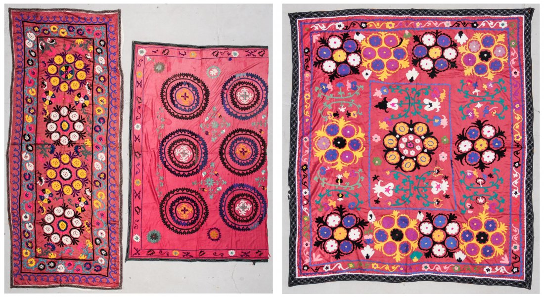 3 Vintage Central Asian Suzanis: 3 Vintage Central Asian Suzanis. Largest Size: 52" x 124" (132 x 315 cm). Proceeds to benefit Moore College of Art & Design, Philadelphia, Pennsylvania.