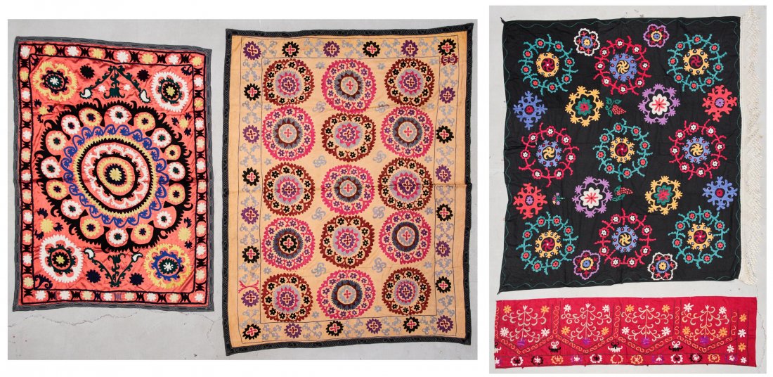 4 Vintage Central Asian Suzanis: 4 Vintage Central Asian Suzanis. Largest Size: 70" x 88" (178 x 224 cm). Proceeds to benefit Moore College of Art & Design, Philadelphia, Pennsylvania.