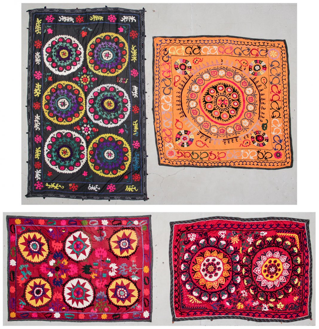 4 Vintage Central Asian Suzanis: 4 Vintage Central Asian Suzanis. Largest Size: 60" x 96" (152 x 244 cm). Proceeds to benefit Moore College of Art & Design, Philadelphia, Pennsylvania.