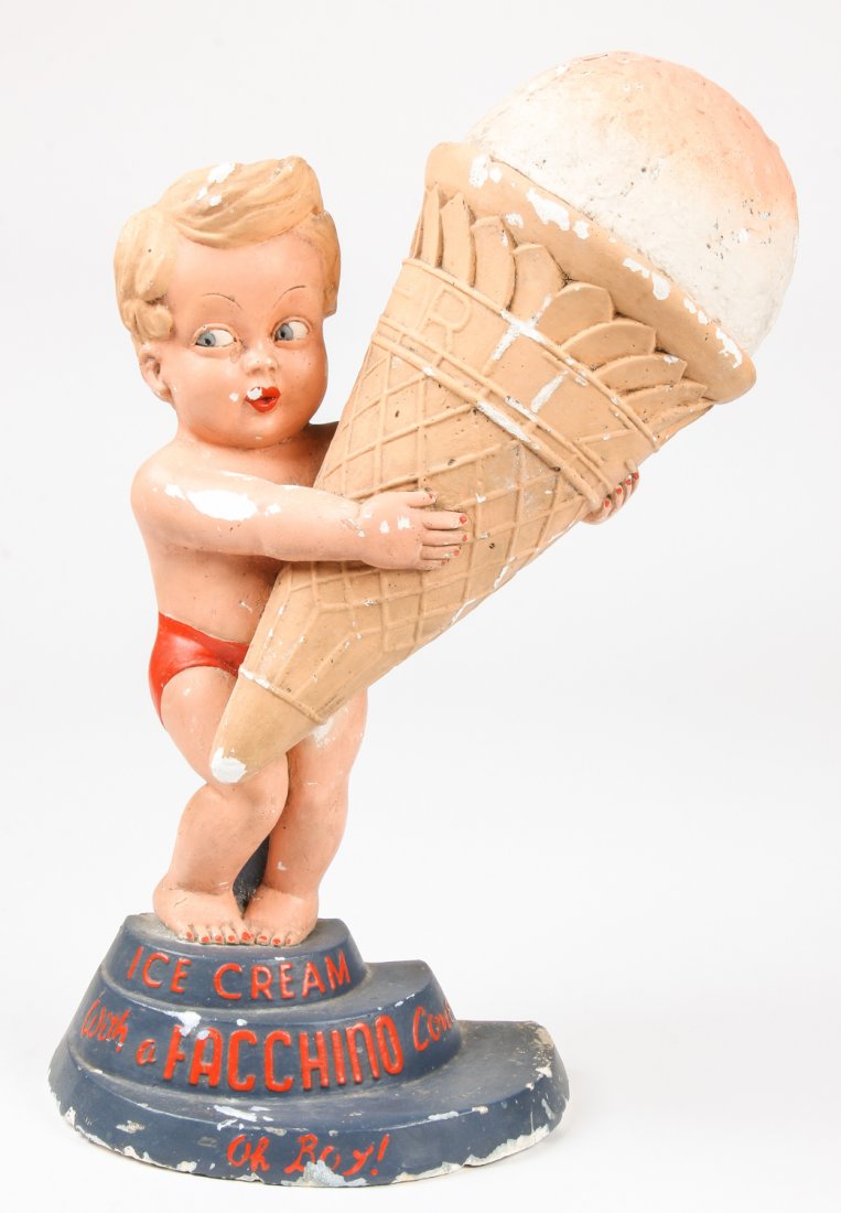 Vintage Facchino Boy Ice Cream Cone Trade Stimulator: Vintage Facchino Boy Chalkware Ice Cream Cone Trade Stimulator. Size: 22" x 14" x 6" (56 x 36 x 15 cm). Provenance: David Bradley Armstrong Estate.