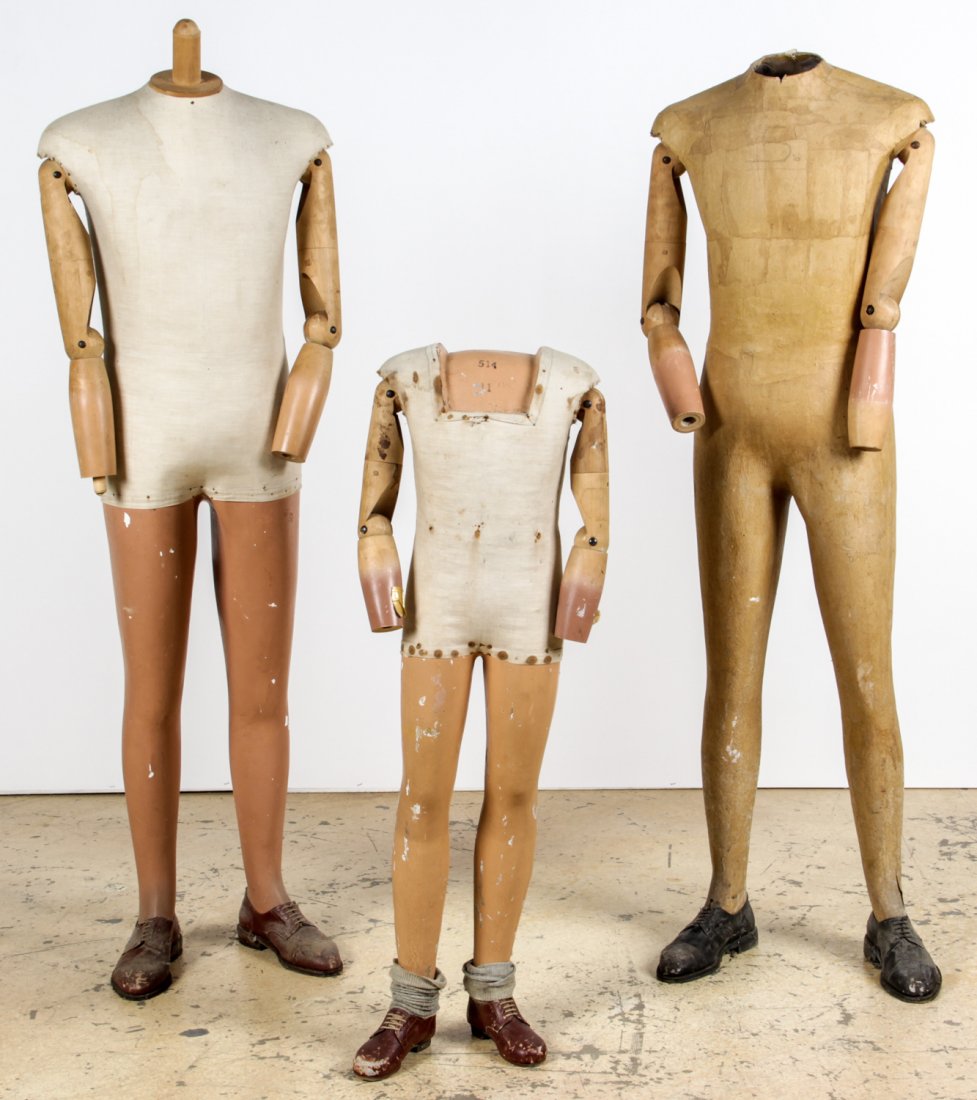 3 Pc Family of Early Mannequins: 3 Pc Family of Early Mannequins. Largest Size: 63.5" x 18" x 11" (161 x 46 x 28 cm). Provenance: David Bradley Armstrong Estate.
