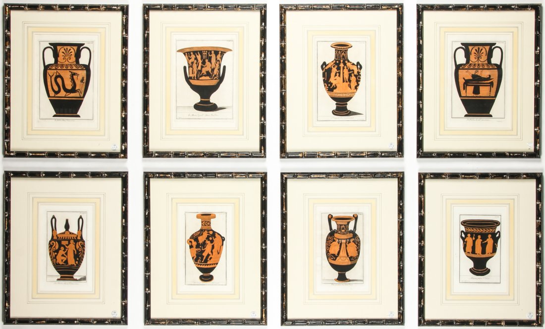 Giovanni Cassini (Italian, 1745-1824) 8 Engravings:: Giovanni Cassini (Italian, 1745-1824) Group of 8 Framed Engravings: Vases of Antiquity, hand-colored. Size: 23" x 18.5", 58 x 47 cm (each frame). Provenance: David Bradley Armstrong Estate.