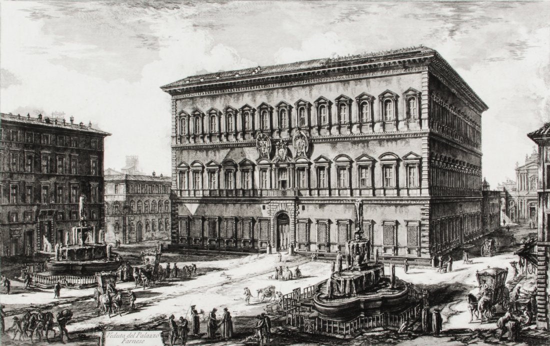 Giovanni Battista Piranesi (1720-1778) Veduta del: Giovanni Battista Piranesi (1720-1778) Veduta del Palazzo Farnese (Rome), etching. Size: 16.5" x 26", 42 x 66 cm (plate), 19.5" x 29.25", 50 x 74 cm (sheet). Provenance: David Bradley Armstrong Estate