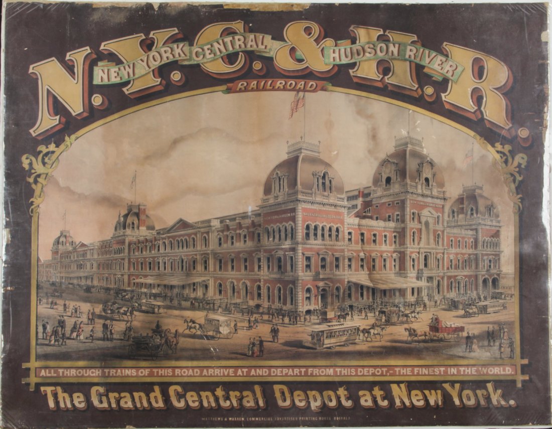 N.Y.C. & H.R. Railroad Lithograph of The Grand Central: Rare N.Y.C. & H.R. (New York Central and Hudson River) Railroad Lithograph of The Grand Central Depot at New York. Size: Size: 22" x 28" (56 x 71 cm). Provenance: David Bradley Armstrong Estate.