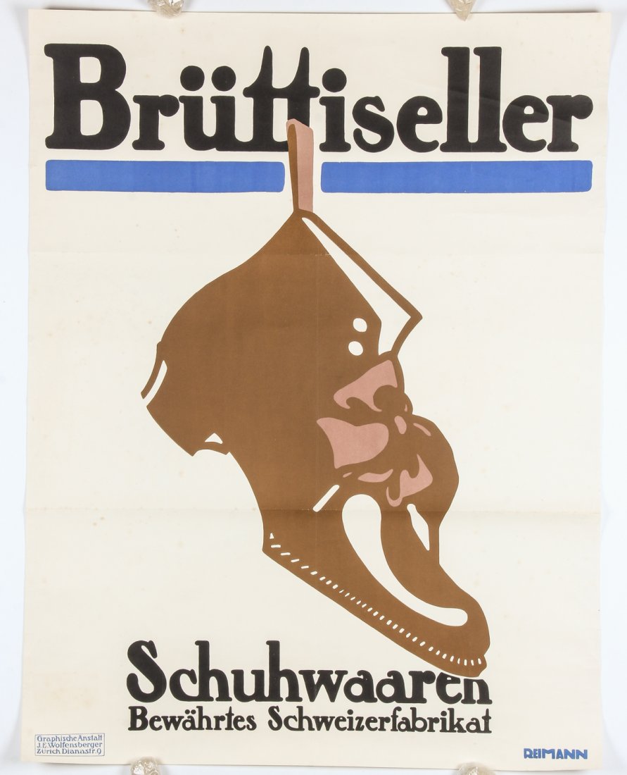 Original Wolfensberger Reimann School Swiss: Original Wolfensberger Reimann School Swiss Bruttiseller Shoes Advertising Poster. Linen backed color lithograph. Circa 1915. Size: 49" x 37.5" (124 x 95 cm). Provenance: David Bradley Armstrong Estat
