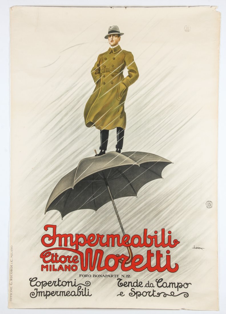 Original Lucien Metivet. Impermeabili Moretti Circa: Original Lucien Metivet. Impermeabili Moretti Circa 1930s Poster. Printed by Ricordi. Linen baked color lithograph on paper. Size: 55" x 38.5" (140 x 98 cm). Provenance: David Bradley Armstrong Estate