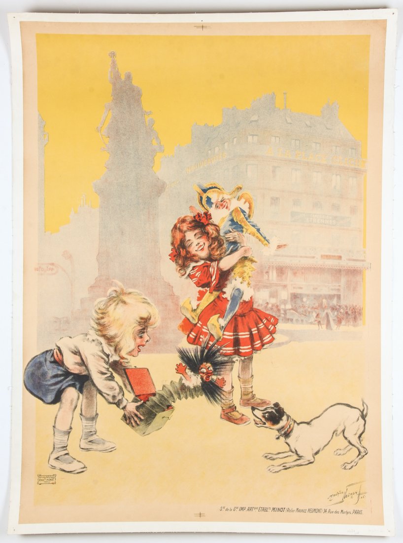 Maurice Neumont (1868-1930) Original Poster: Maurice Neumont (1868-1930). A La Place Clichy / Etrennes. [Before Lettering.] 1905. Minot, Paris. Linen backed color lithograph. Size: 53" x 39" (135 x 99 cm). Provenance: David Bradley Armstrong Est
