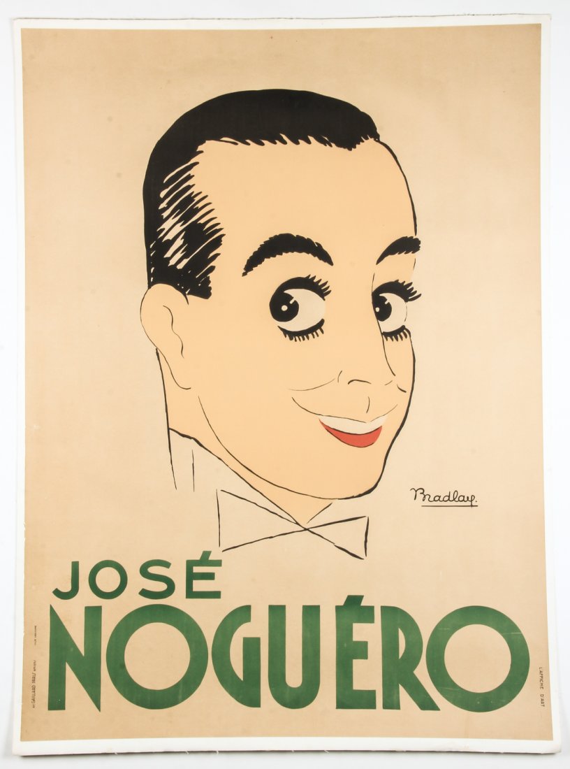 Original Bradlay French Movie Poster: Original Bradlay French Movie Poster. Featuring the actor Jose Noguero, circa 1940's. Printed by Galliard. Linen backed. Size: 64.75" x 48" (164 x 122 cm). Provenance: David Bradley Armstrong Estate.