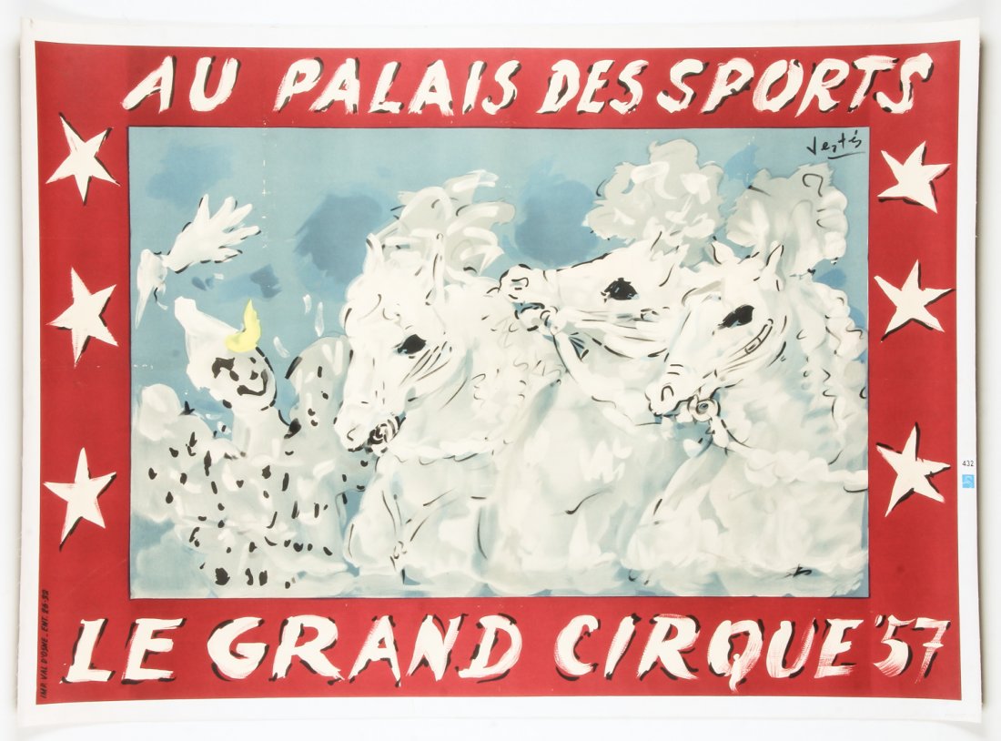 Original Marcel Vertes French Circus Poster: Original Marcel Vertes French Circus Poster. Le Grand Cirque '57. Printed by Val D'Osne. Linen backed. Size: 41" x 56.5", 104 x 144 cm (overall). Provenance: David Bradley Armstrong Estate.