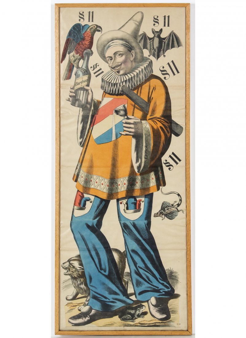 Antique French Carnival Jester Litho: Antique French Carnival Poster Jester, color lithograph, c. 1880, from C. Burckardt's Nachf in Weissenburg. Size: 67" x 28", 170 x 71 cm (frame). Provenance: David Bradley Armstrong Estate.