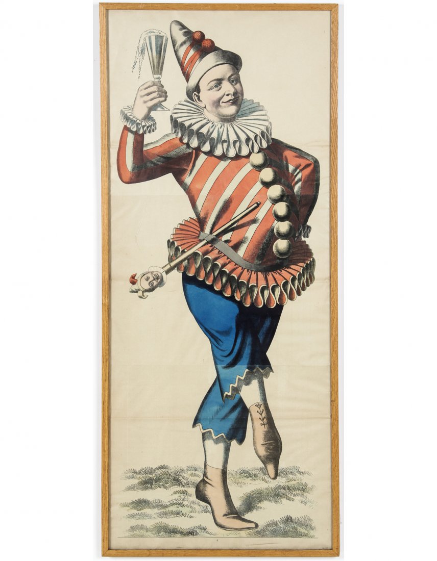 Antique French Carnival Poster Jester: Antique French Carnival Poster Jester, color lithograph, c. 1880, from C. Burckardt's Nachf in Weissenburg. Size: 65" x 28", 165 x 71 cm (frame). Provenance: David Bradley Armstrong Estate.