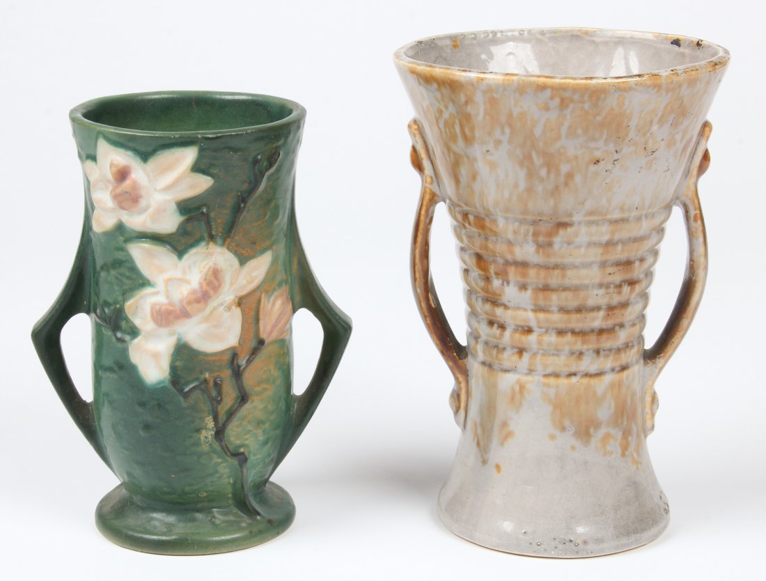 2 pcs Arts and Crafts Pottery: 2 pcs Arts and Crafts Pottery. Roseville and Brush (McCoy). Largest Size: 8.25" x 5.5" x 5.5" (21 x 14 x 14 cm). Provenance: David Bradley Armstrong Estate.
