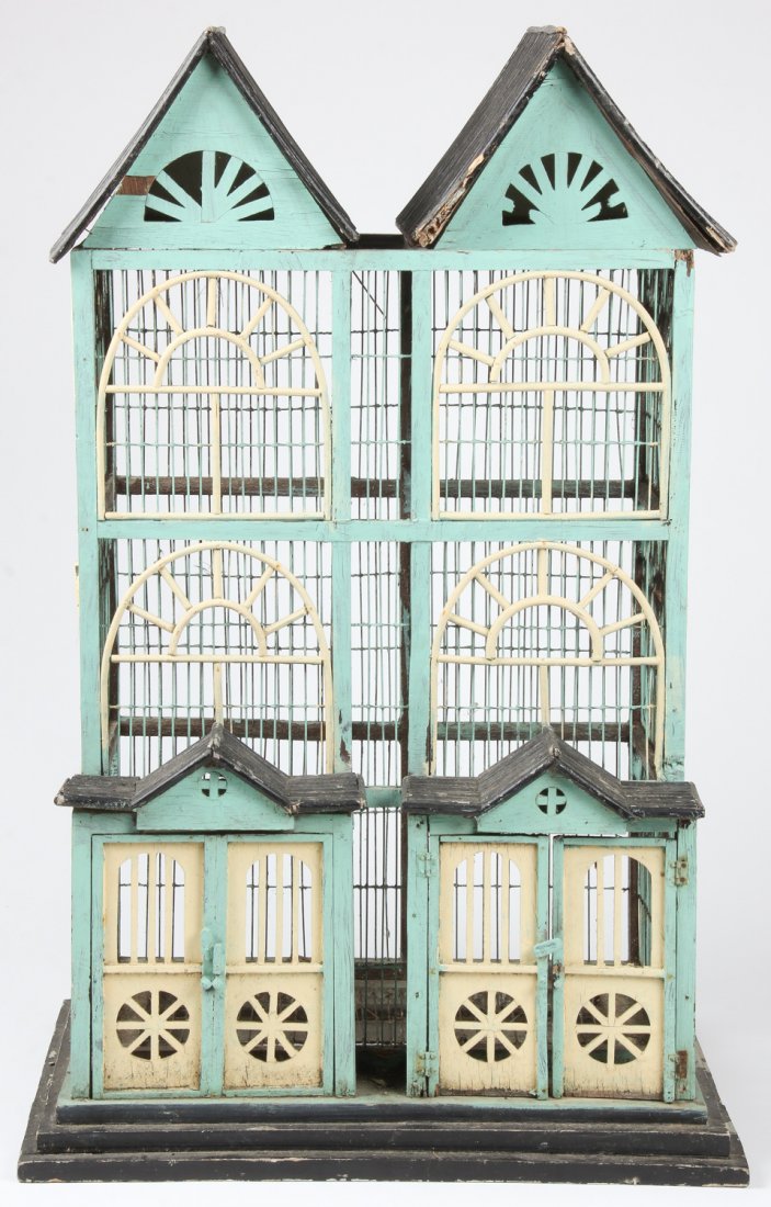 Victorian Style Townhouse Birdcage: Victorian Style Townhouse Birdcage. Painted wood and wire. Size: 38" x 24" x 18" (97 x 61 x 46 cm). Provenance: David Bradley Armstrong Estate.