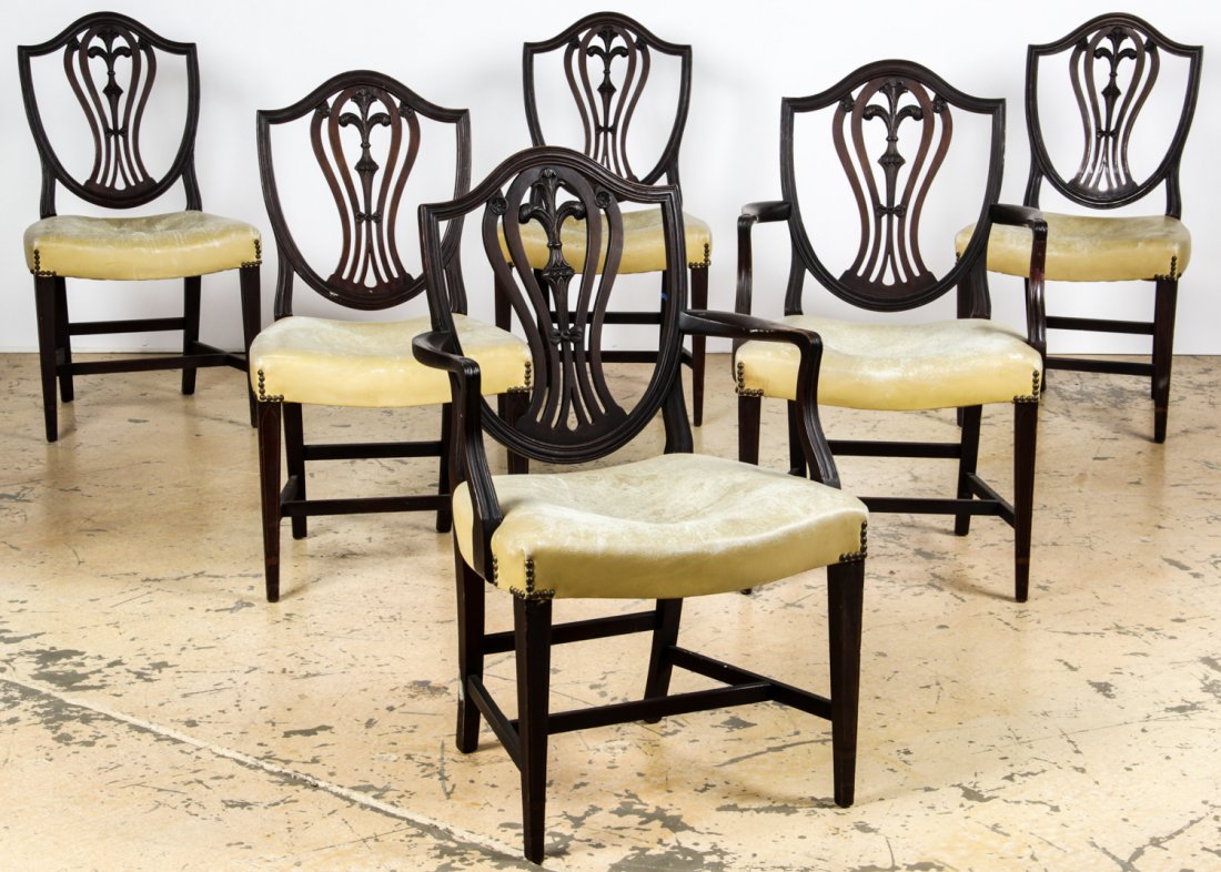 6 Hepplewhite Shield Back Dining Chairs: 6 Hepplewhite Shield Back Dining Chairs. Size: 38.5" x 23" x 23", 98 x 58 x 58 cm (largest). Provenance: David Bradley Armstrong Estate.