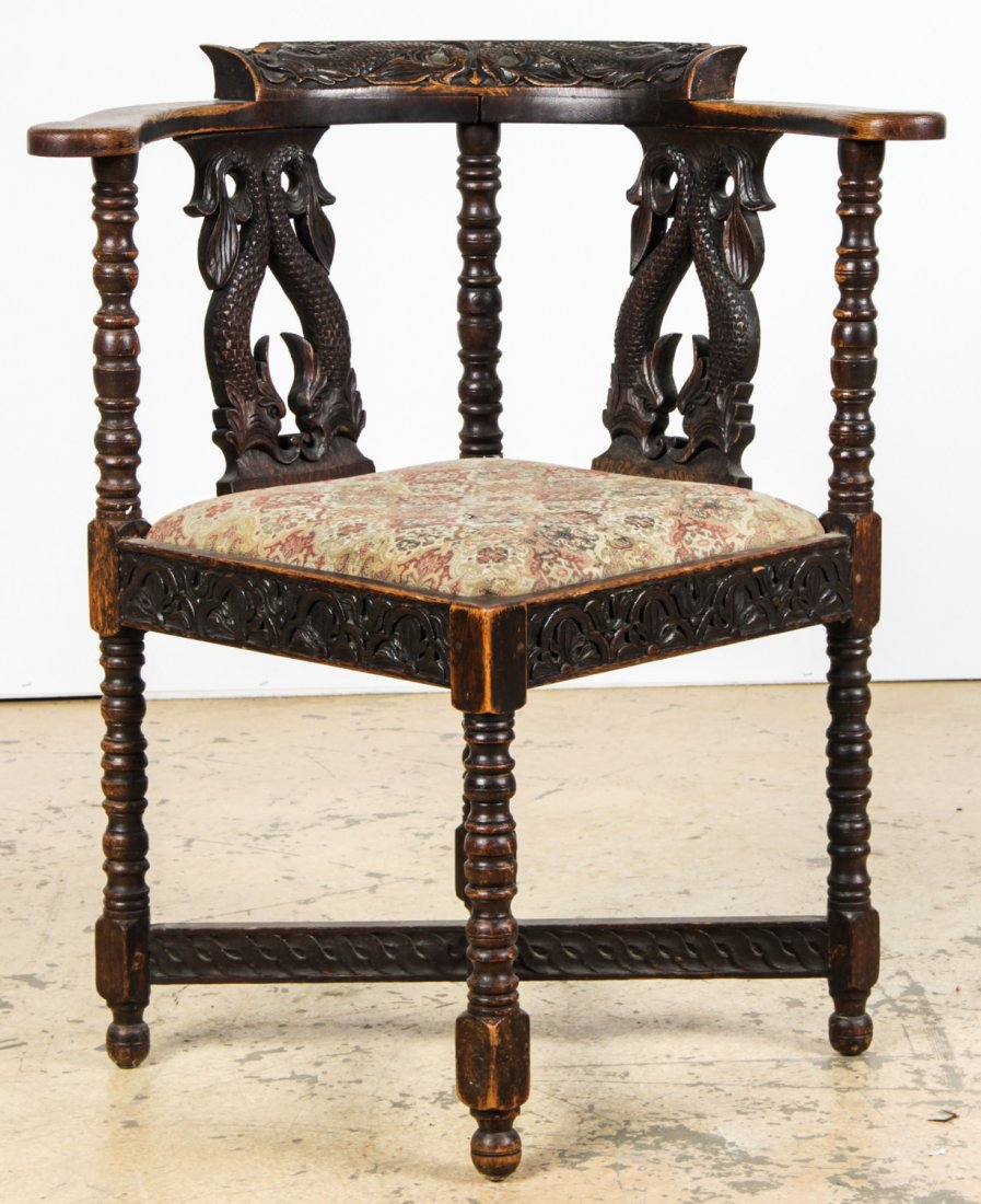 Georgian Carved Corner Armchair: Georgian Carved Corner Armchair. Size: 34" x 30" x 26.5" (86 x 76 x 67 cm). Provenance: David Bradley Armstrong Estate.
