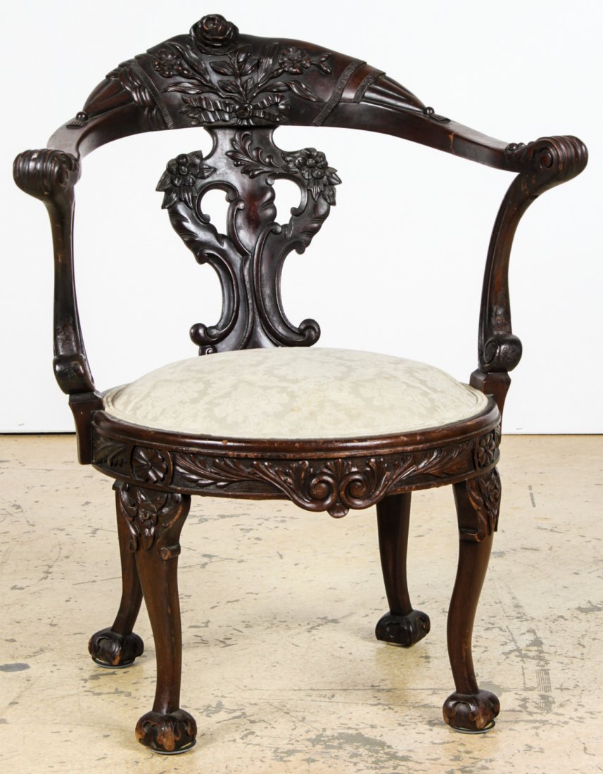 Continental Carved Armchair: Continental Carved Armchair. Size: 34" x 27.5" x 25" (86 x 70 x 64 cm). Provenance: David Bradley Armstrong Estate.