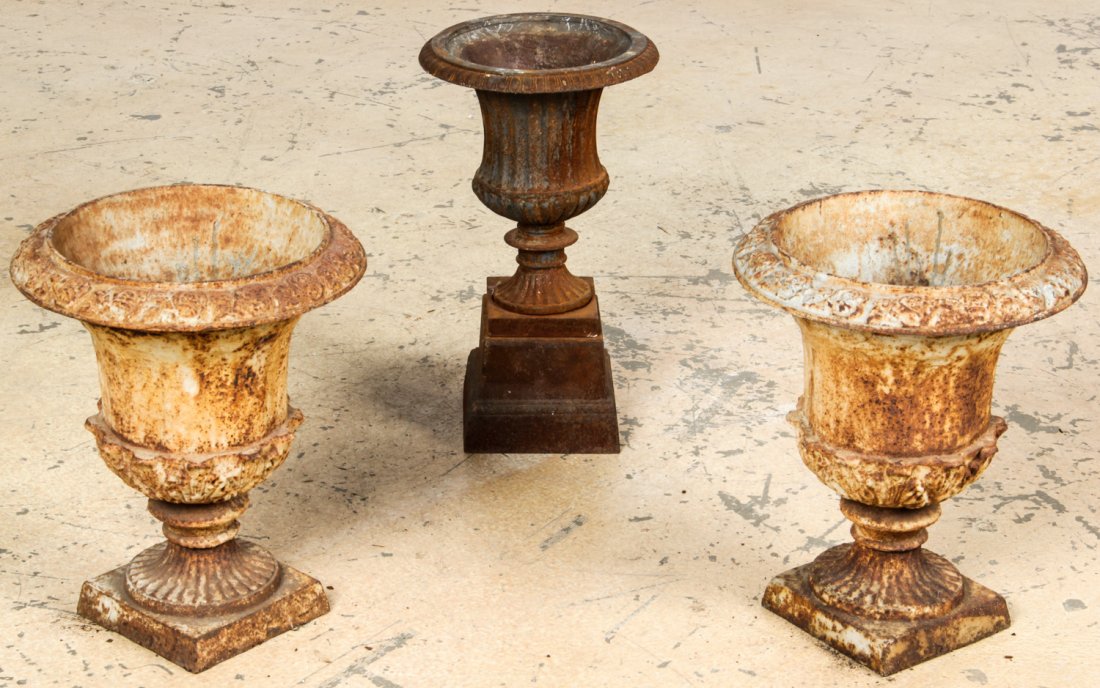 3 Cast Iron Campana Urns: 3 Cast Iron Campana Urns. Size: 18" x 14" x 14", 46 x 36 x 36 cm (largest). Provenance: David Bradley Armstrong Estate.