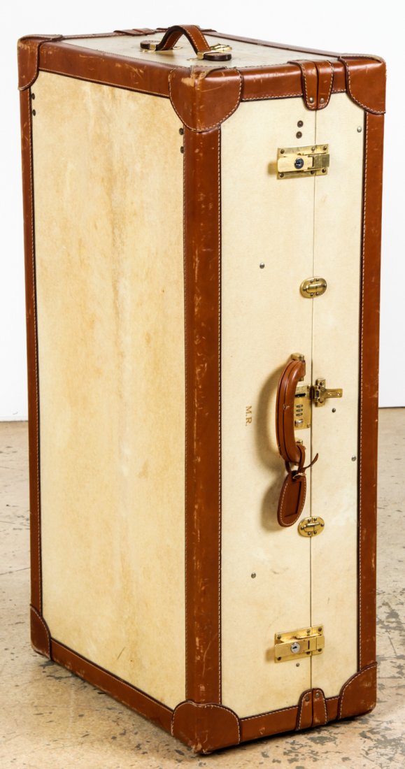 Vintage T Anthony Vellum Wardrobe Trunk: Vintage T Anthony Vellum Wardrobe Trunk. Size: 40.5" x 13" x 21.5" (103 x 33 x 55 cm). Provenance: David Bradley Armstrong Estate.