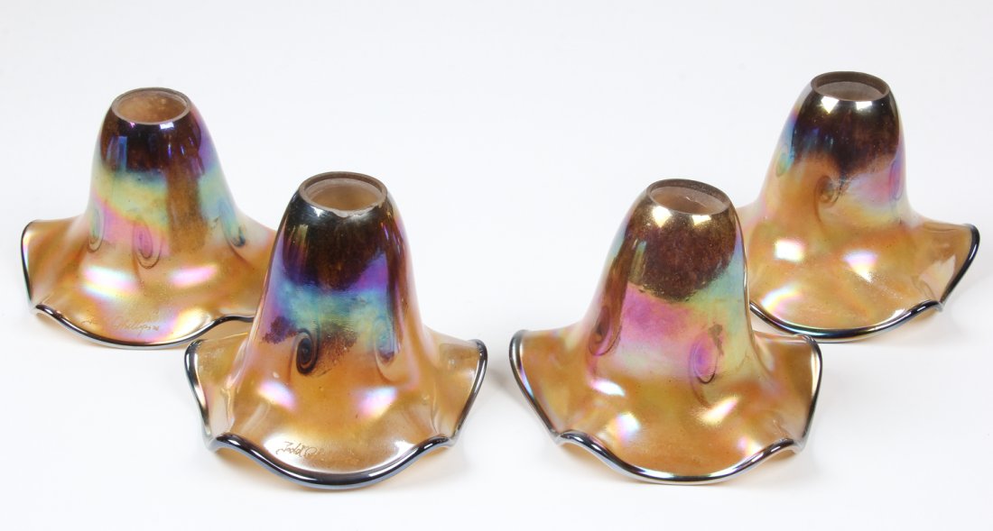 4 Favrile Glass Shades: 4 Favrile Glass Shades. Signed Todd Phillipe. Each Size: 5.75" x 7.5" x 7.5" (15 x 19 x 19 cm). Provenance: David Bradley Armstrong Estate.