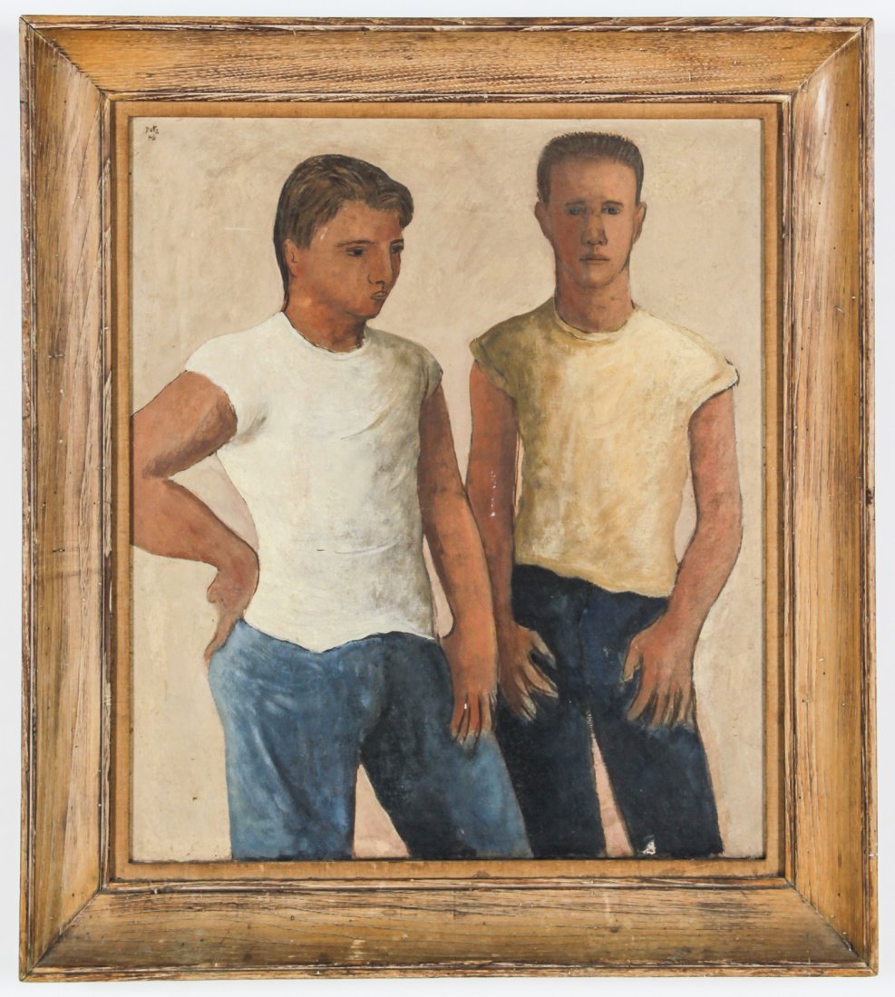 Dotz (American, 20th c.) Portrait of Two Men, 1946: Dotz (American, 20th c.) Portrait of Two Men, 1946, oil painting on canvas. Size: 28" x 24", 71 x 61 cm (stretcher); 34.5" x 31.5", 88 x 80 cm (frame). Provenance: David Bradley Armstrong Estate.