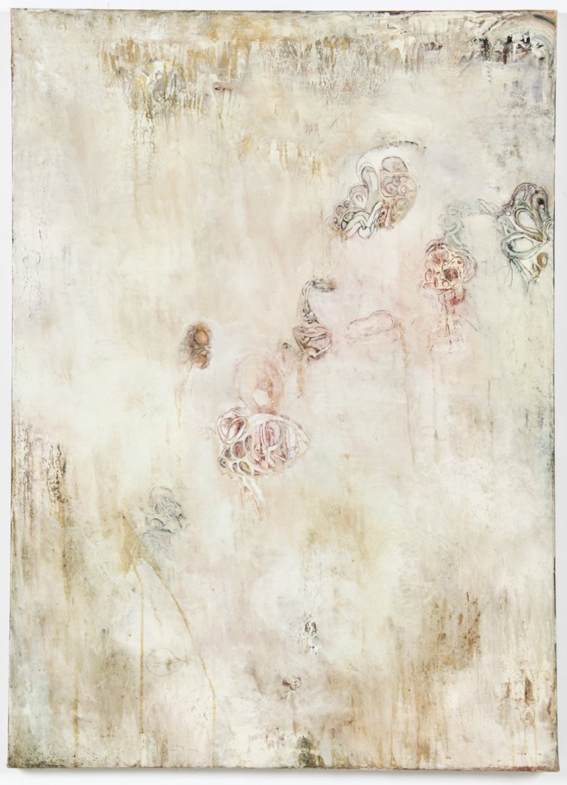 Betsy Berne (American, 20th c.) The Last Shall Enter: Betsy Berne (American, 20th c.) The Last Shall Enter First, 1993, mixed media painting on canvas. Size: 36" x 50", 91 x 127 cm (stretcher). Provenance: David Bradley Armstrong Estate.