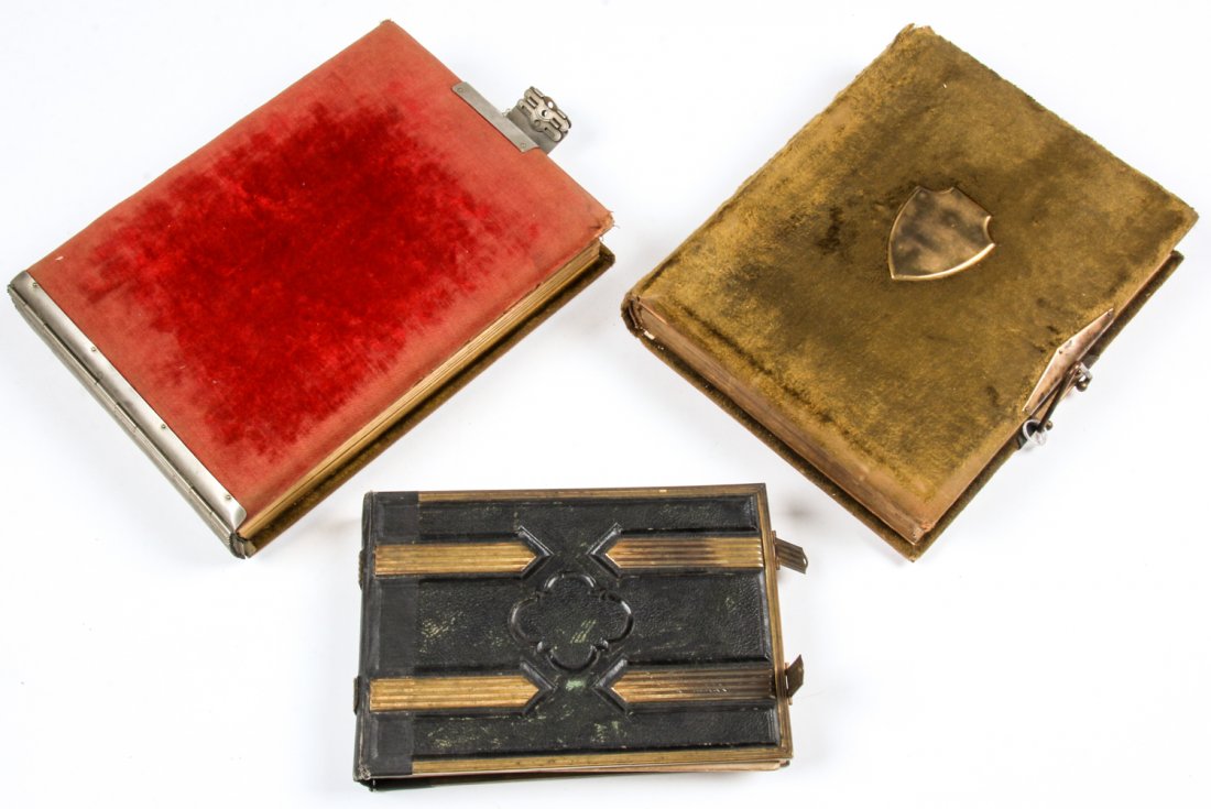 3 Antique 19th c. Photo Albums: 3 Antique 19th c. Photo Albums. Largest Size: 8.5" x 11.75" x 2.25" (22 x 30 x 6 cm). Provenance: David Bradley Armstrong Estate.