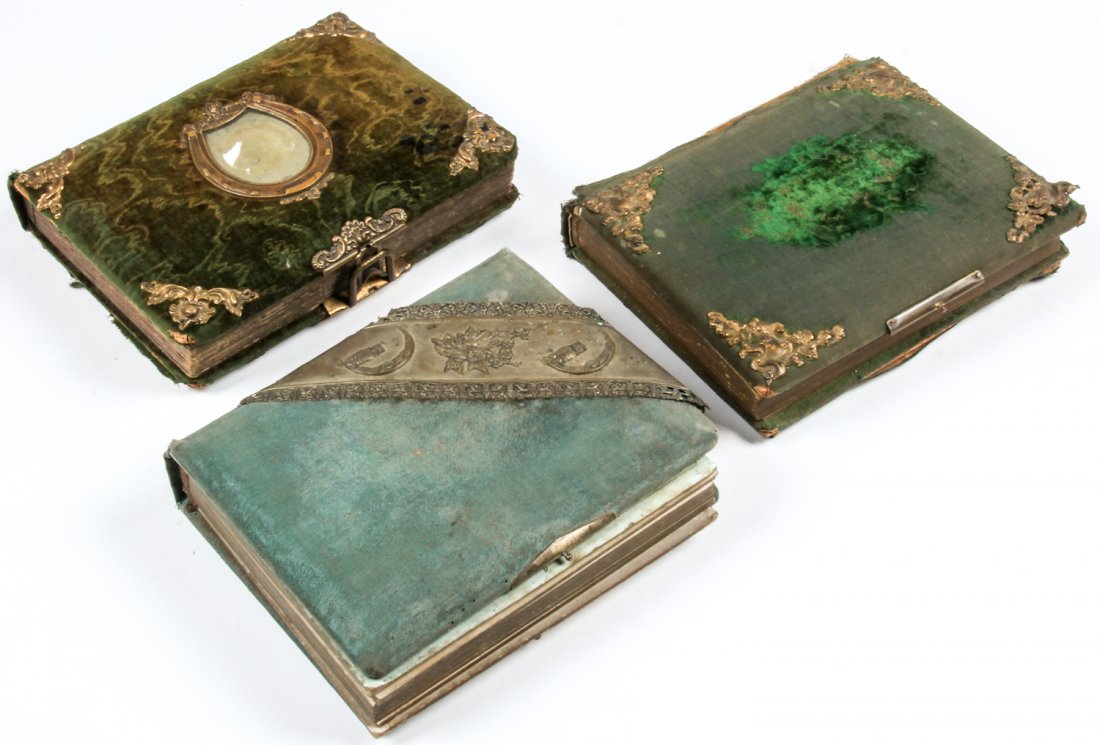 3 Antique 19th c. Photo Albums: 3 Antique 19th c. Photo Albums. Largest Size: 9" x 11.5" x 2.75" (23 x 29 x 7 cm). Provenance: David Bradley Armstrong Estate.
