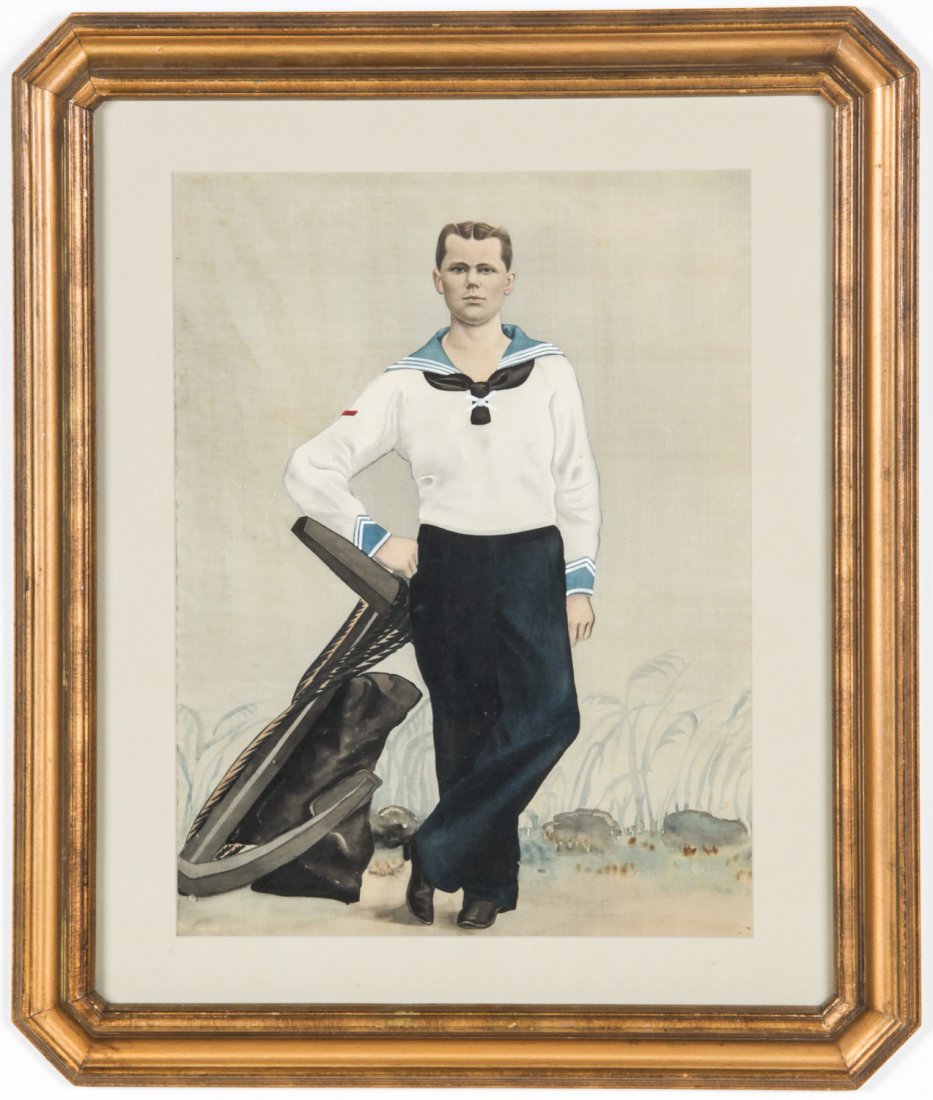Early 20th c. Hand-painted Portrait of a Sailor: Early 20th c. Hand-painted Portrait of a Sailor, on linen. Size: 18" x 13.75", 46 x 35 cm (sight), 26" x 22", 66 x 56 cm (frame). Provenance: David Bradley Armstrong Estate.