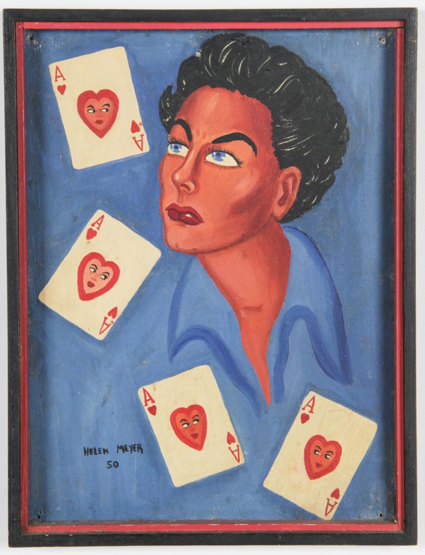 Helen Meyer (American, 20th c.) Painting: Helen Meyer (American, 20th c.) Untitled (Portrait with Playing Cards), 1950, oil on canvas board. Matthew Marks Gallery (New York) label on verso. Size: 12" x 16", 30 x 41 cm (board), 17" x 13", 43 x