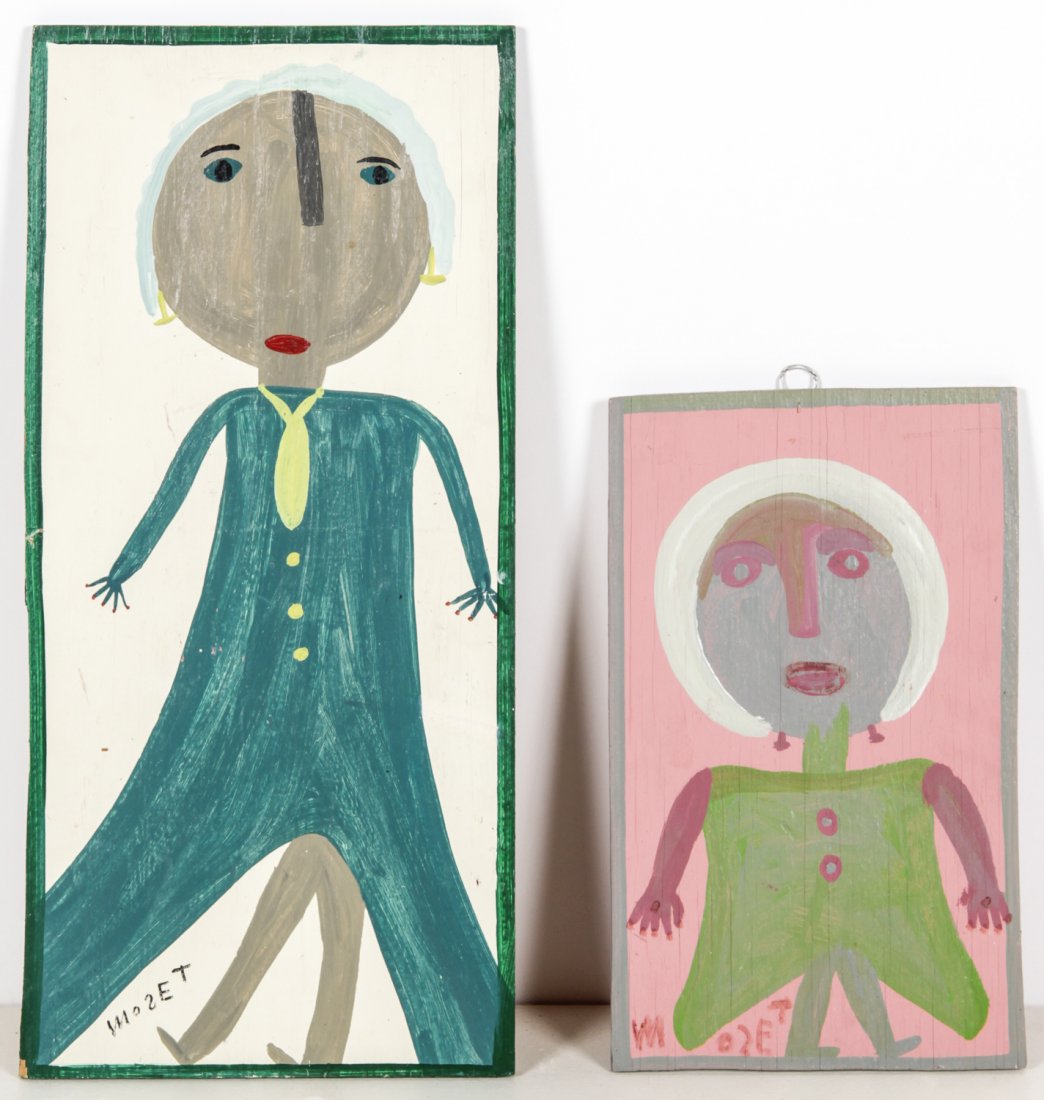 2 Mose Tolliver (American/Alabama 1925-2006) Paintings: 2 Mose Tolliver (American/Alabama 1925-2006) Paintings, each paint on wood panel. Sizes: 15.25" x 9.75" and 24" x 11.75".