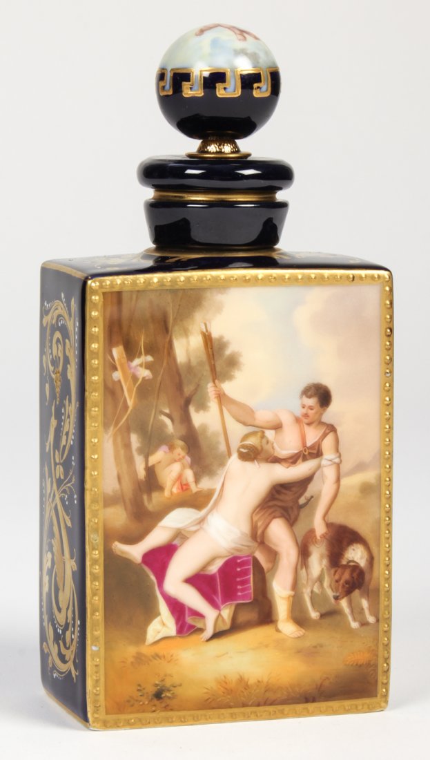 Royal Vienna Enameled Bottle: Royal Vienna Lidded Bottle, hand painted and enameled. One side depicting Venus & Adonis, the other depicting Amor and die Muse, signed A. Heer. Size: 7.25"H (18 cm).