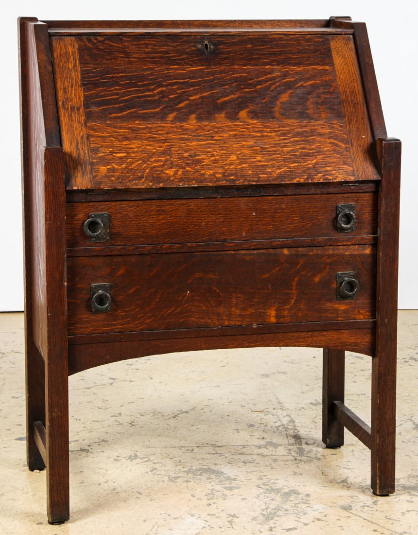 Arts and Crafts Slant Front Desk: Arts and Crafts Slant Front Desk. Labeled Lifetime Grand Rapids. Size: 43.5" x 32.5" x 16.25" (110 x 83 x 41 cm). Provenance: Suburban Philadelphia Estate.