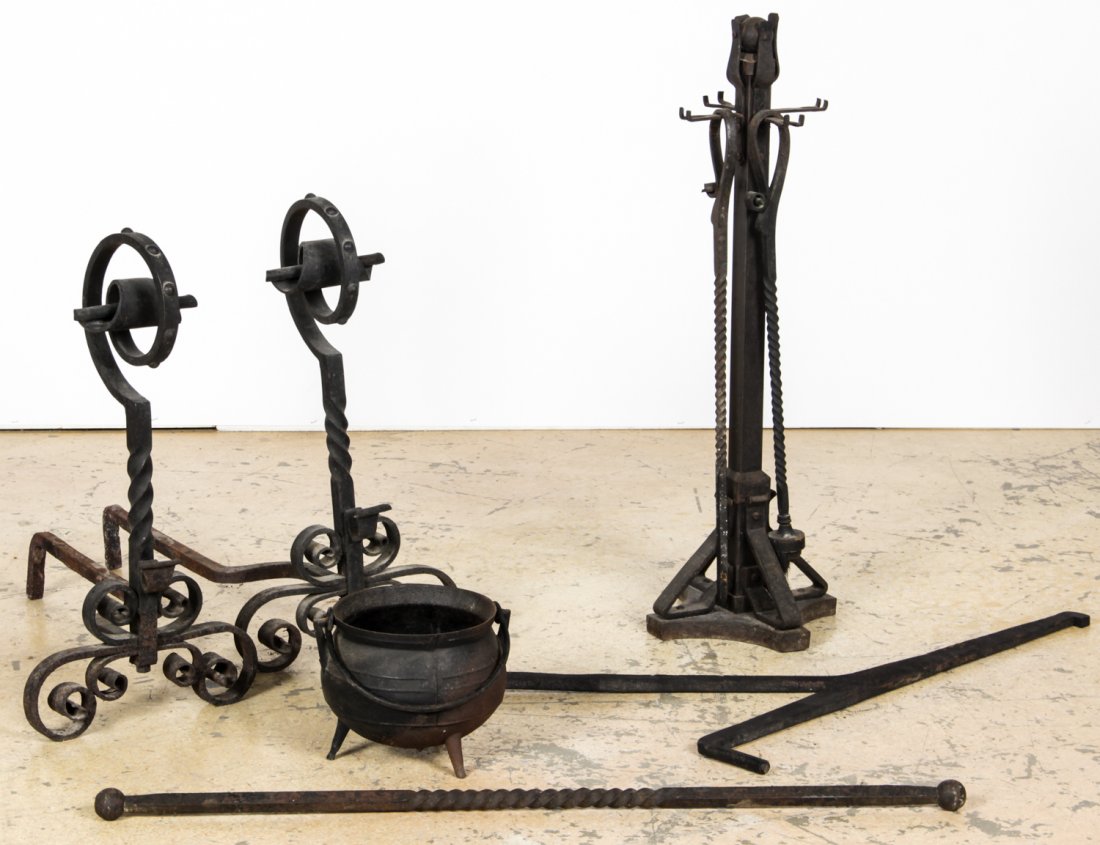 Arts and Crafts Fireplace Accessories: Arts and Crafts Fireplace Accessories. Andirons, tools, trammel and pot. Largest Size: 36" x 11.5" x 11.5" (91 x 29 x 29 cm).