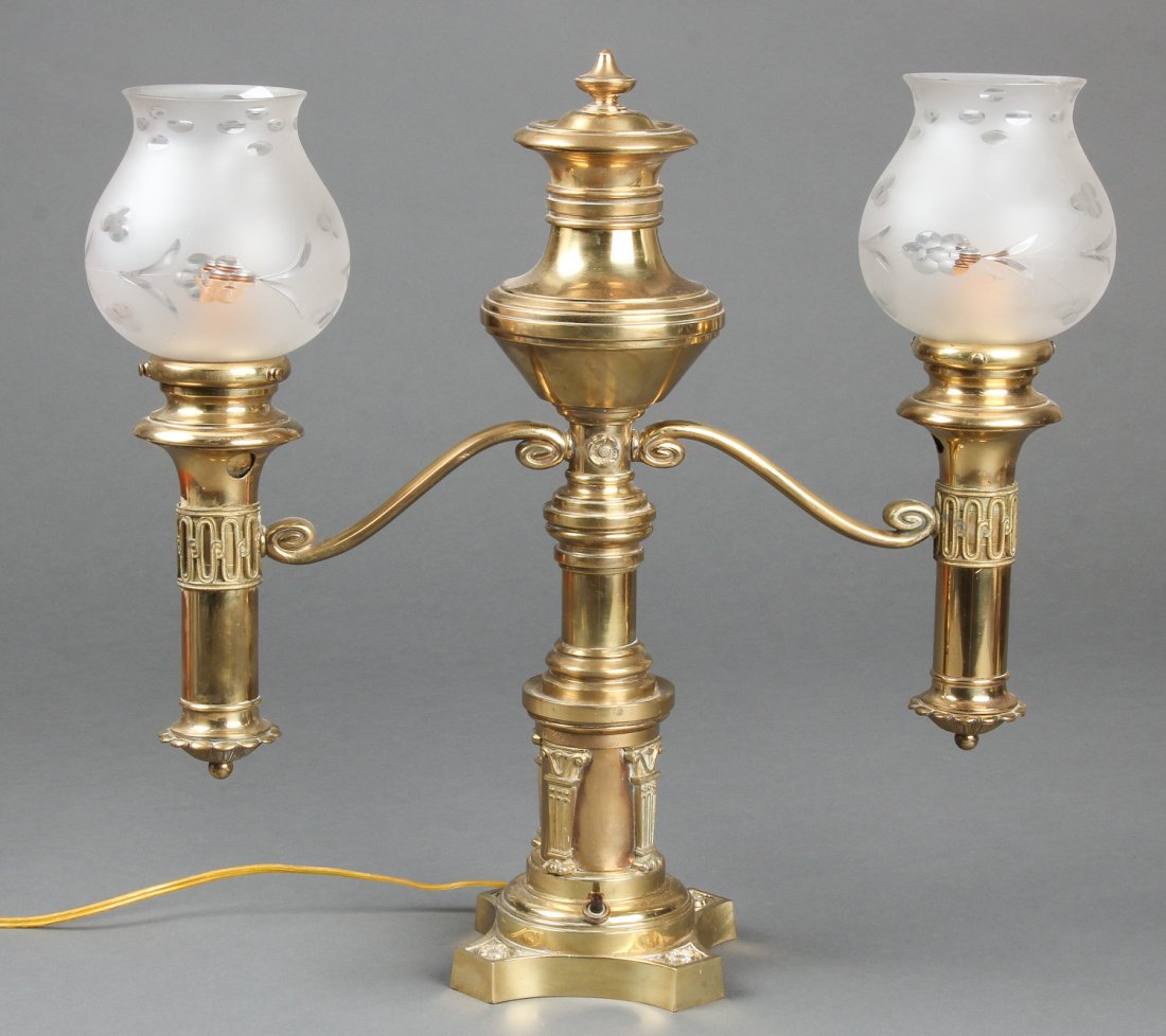 Antique 2 Arm Brass Newel Post Light Fixture: Antique 2 Arm Brass Newel Post Light Fixture. Size: 18" x 20" x 6" (46 x 51 x 15 cm).