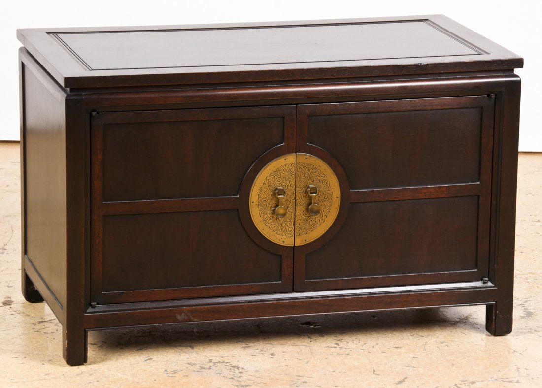 James Mont Style Asian Inspired Low Cabinet: James Mont Style Asian Inspired Low Cabinet. Fitted interior. Size: 21.25" x 34" x 18" (54 x 86 x 46 cm). Cherry Hill, NJ estate.