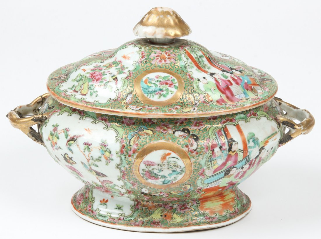 Antique Chinese Rose Medallion Tureen: Antique Chinese Rose Medallion Tureen, repairs to handle. Size: 9" x 12.5" x 9" (23 x 32 x 23 cm). Provenance: David Bradley Armstrong Estate.