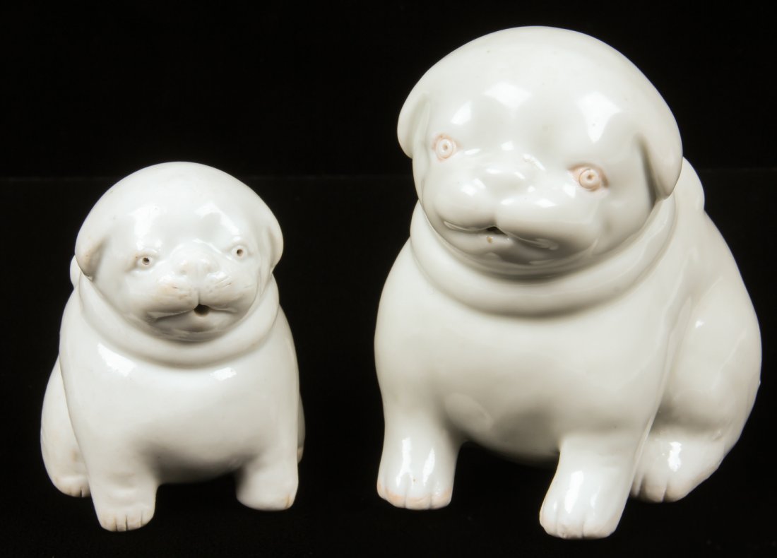 2 19th C Hirado Dog Form Water Droppers: 2 19th C Hirado Dog Form Water Droppers. 19th century. Largest Size: 4" x 3.5" x 3" (10 x 9 x 8 cm). Provenance: Estate of Robert Swan Lindsley and Eric Hoage, Philadelphia.