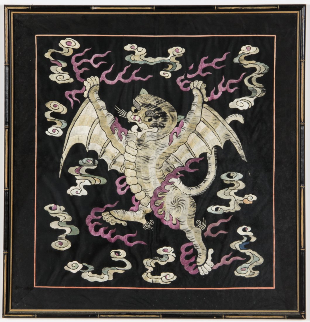 Antique Chinese Silk Embroidered Bat (Fu) Panel: Antique Chinese Silk Embroidered Bat (Fu) Panel. Size: 26" x 25.5", 66 x 65 cm (frame).