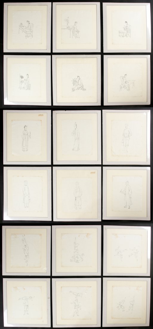 18 Antique Chinese Pai-miao Ink Drawings: 18 Antique Chinese pai-miao or the "pure delineation" style, ink drawings on paper, 19th c. Size: 12" x 11", 30 x 28 cm (sheet); 18" x 18", 46 x 46 cm. Provenance: Estate of Robert Swan Lindsley and E