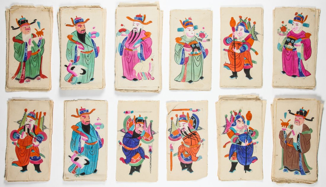 Chinese 12 immortals Hand-painted Prints (300 total): Group of Chinese Hand-painted Prints (300 total) depicting the 12 immortals, assorted quantities. Provenance: Estate of Robert Swan Lindsley and Eric Hoage, Philadelphia. Approx 11 inches x 21 inches 